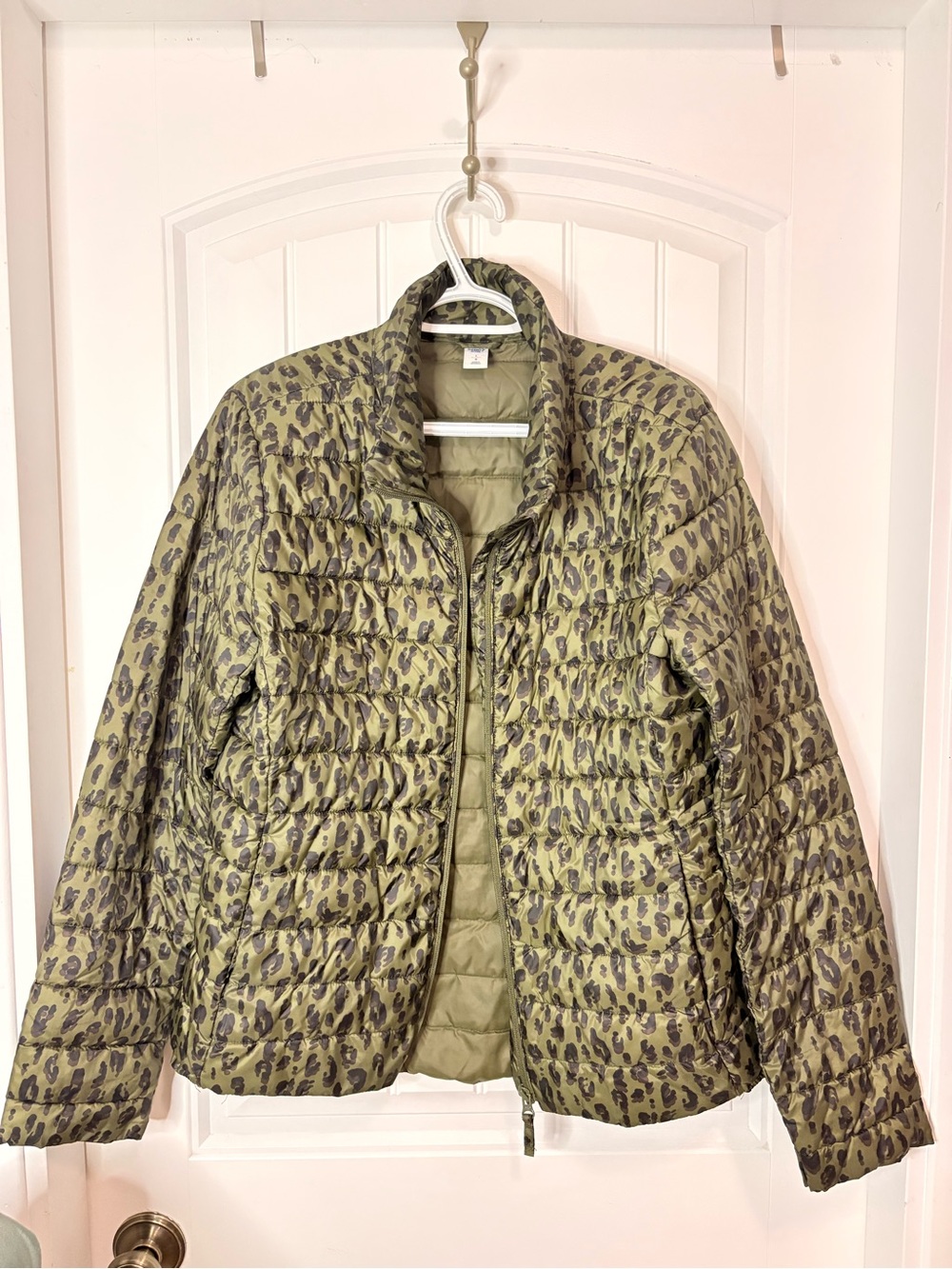 Old Navy Olive Green Quilted Puffer Jacket with Subtle Animal Print